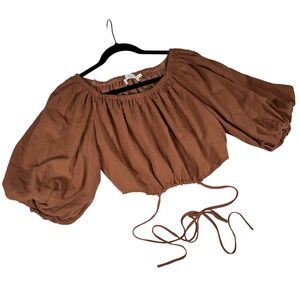 ASTR The Label Brown Off Shoulder Cropped Puff Sleeve Tie Front Top Size M